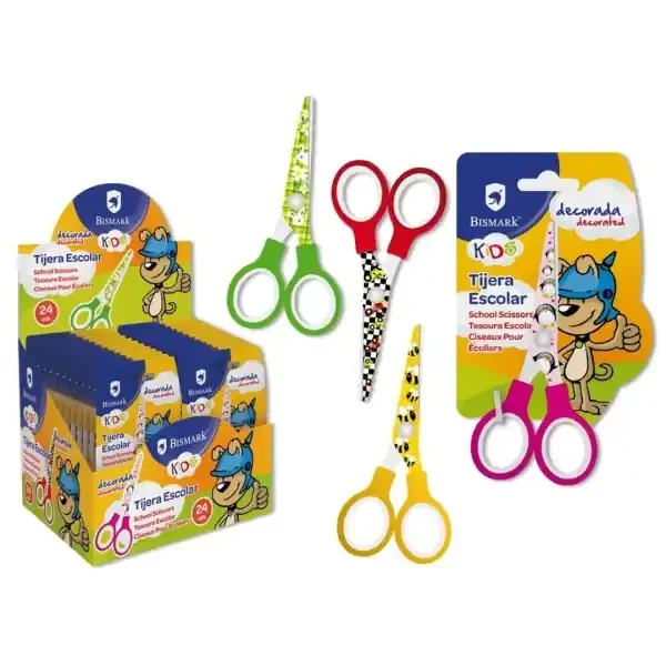 Bismark Kids Deco Tijera Escolar 13cm – Acero de Aleacion Extra – Hojas Decoradas – Mangos en Plastico – Punta Roma – 4 Diseños Surtidos (24 uds)