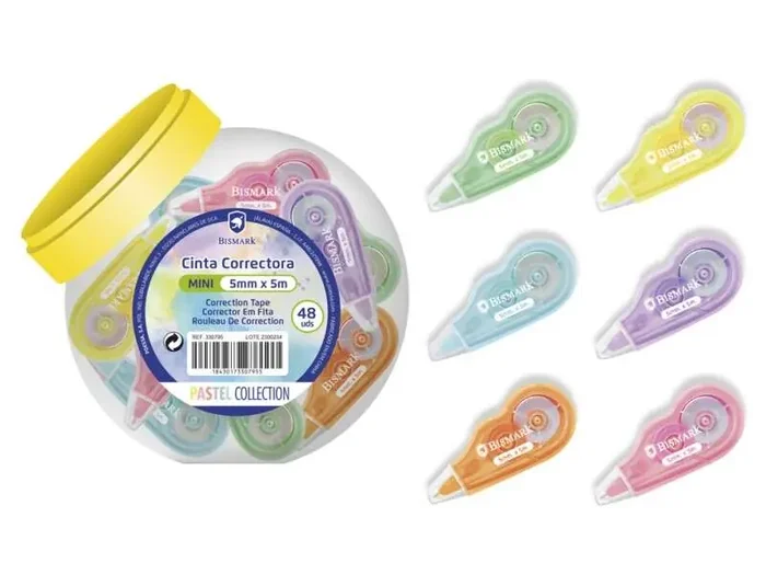 Bismark Mini Cinta Correctora Pastel – Alta Calidad – Correccion Instantanea – No Mancha – No Deja Huella en Fotocopias (48 uds)