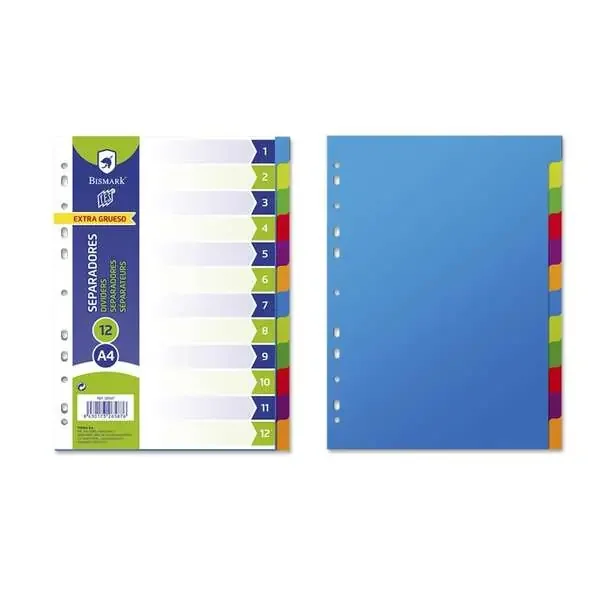 Bismark Pack de 12 Separadores – Tamaño A4 – Extragruesos – Fabricado en Propileno – Colores Surtidos