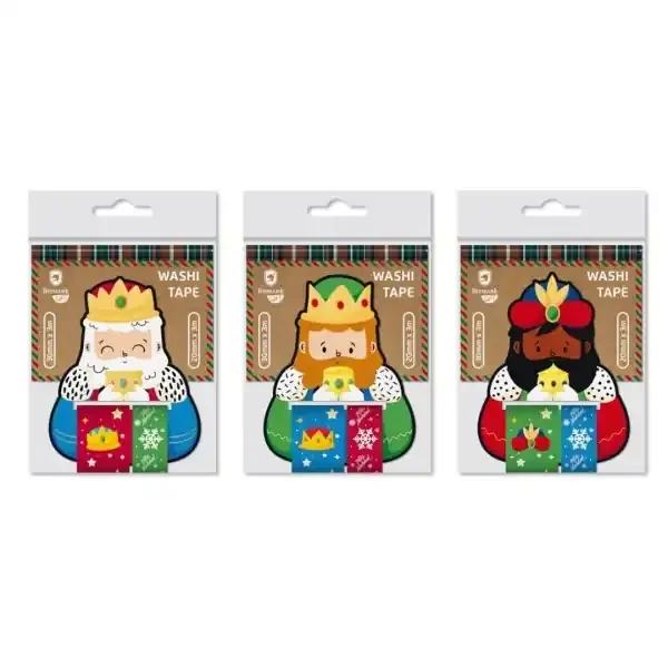 Bismark Pack de 2 Rollos de Cinta Washi-Tape Navideña para Regalos – Tematica Reyes Magos – Medidas 20mmx3m y 30mmx3m – 3 Diseños Aleatorios