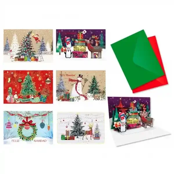 Bismark Pack de 24 Tarjetas de Felicitacion Navideña Pop-Up – Tamaño Tarjeta 11.5x17cm – Diseños Variados – Incluye Sobres de Colores