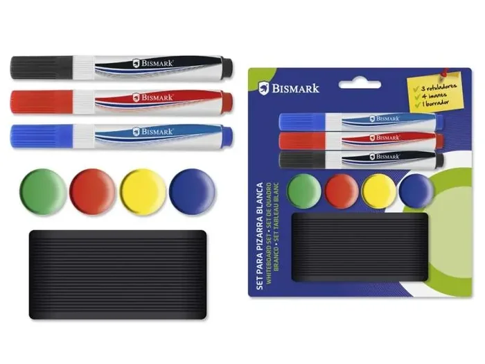 Bismark Pack de 3 Rotuladores para Pizarra + 4 Imanes + Borrador – Colores Surtidos