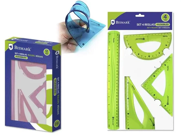 Bismark Pack de 4 Reglas Flexibles – Regla Recta – Transportador – Escuadra – Cartabon – Colores Surtidos