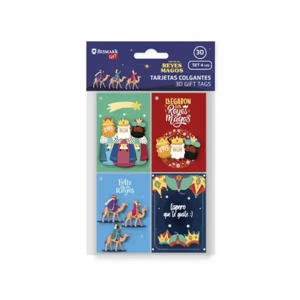 Bismark Pack de 4 Tarjetas de Felicitacion Navideña – Diseño con Relieve – Tamaño Cerrada 6x8cm,Abierta 12cm – Se Pueden Colgar – Incluyen Cordon