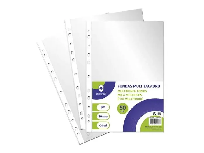Bismark Pack de 50 Fundas Multitaladro Tamaño Folio 80 Micras – Acabado en Cristal – Ideal para Carpetas con Mecanismo de Anillas – Disponible en Varios Tamaños