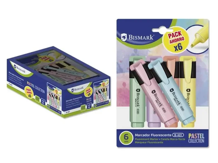 Bismark Pack de 6 Rotuladores Fluorescente Pastel – Tinta de Secado Rapido – Punta Biselada – Ideal para Subrayar y Resaltar – Diseño Ergonomico – Alta Durabilidad
