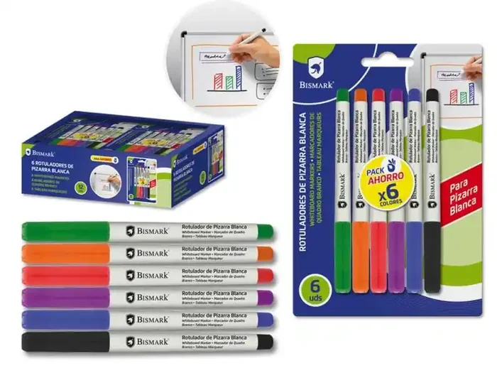 Bismark Pack de 6 Rotuladores para Pizarra Blanca – Punta Fina – Tinta de Secado Rapido – Borrado Facil – Colores Surtidos