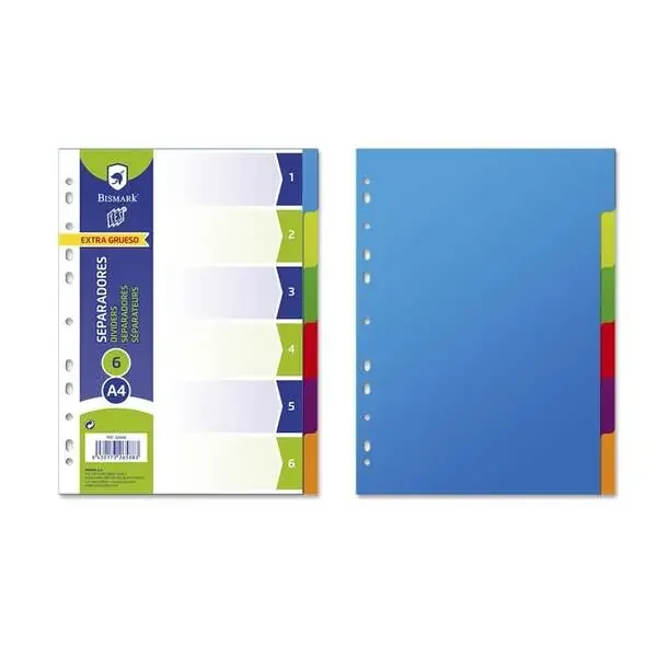 Bismark Pack de 6 Separadores – Tamaño A4 – Extragruesos – Fabricado en Propileno – Colores Surtidos