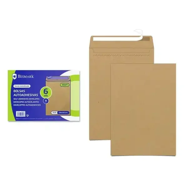 Bismark Pack de 6 Sobres de Papel Kraft 90gr – Medidas 184x261mm – Cierre Autoadhesivo – Color Marron
