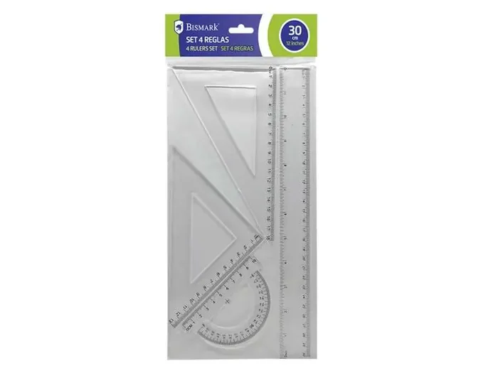 Bismark Quality Pack de Reglas para Dibujo – Incluye Regla Escuadra Cartabon y Transportador – Graduados y Biselados – Ideal para el Colegio – Presentacion en Bolsa Transparente – Color Transparente
