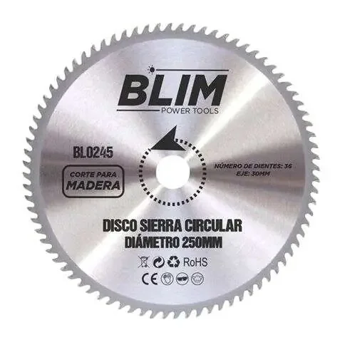Blim Disco Corte de Madera para Sierra 250mm – 36 Dientes con Recubrimiento en Carburo de Tungsteno