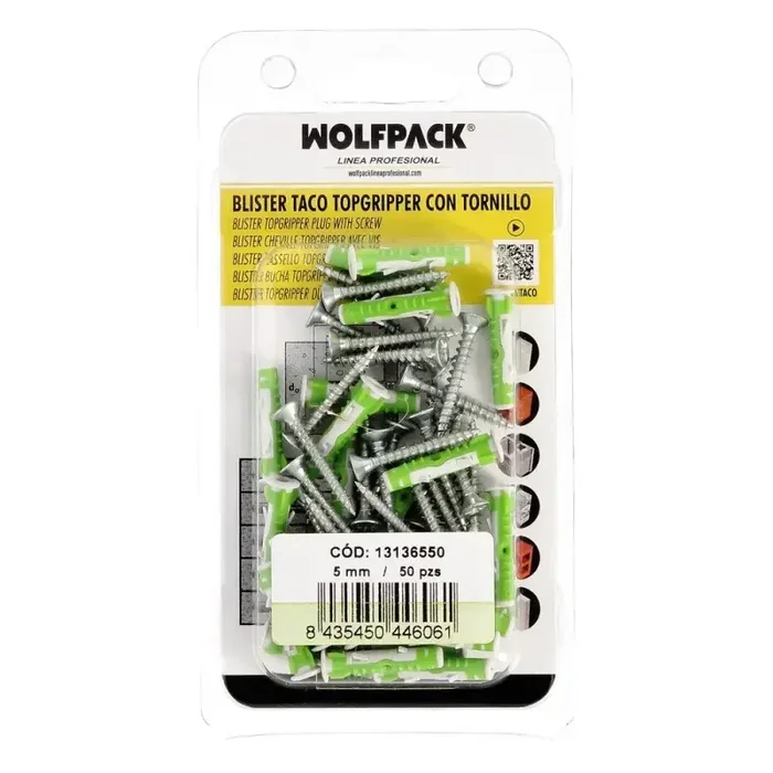 Blíster Tacos Topgripper Bimaterial Con Tornillos Diámetro 5 mm. 50 Piezas Taco Anclaje Universal, Taco Hormigón, Taco Pladur,