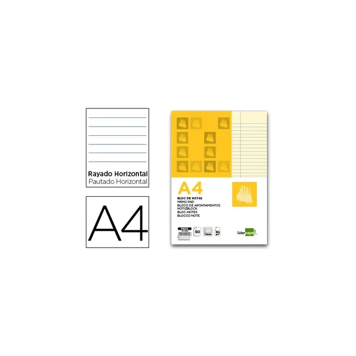 Bloc notas liderpapel encolado a4 rayado horizontal 50 hojas 80 gr color amarillo