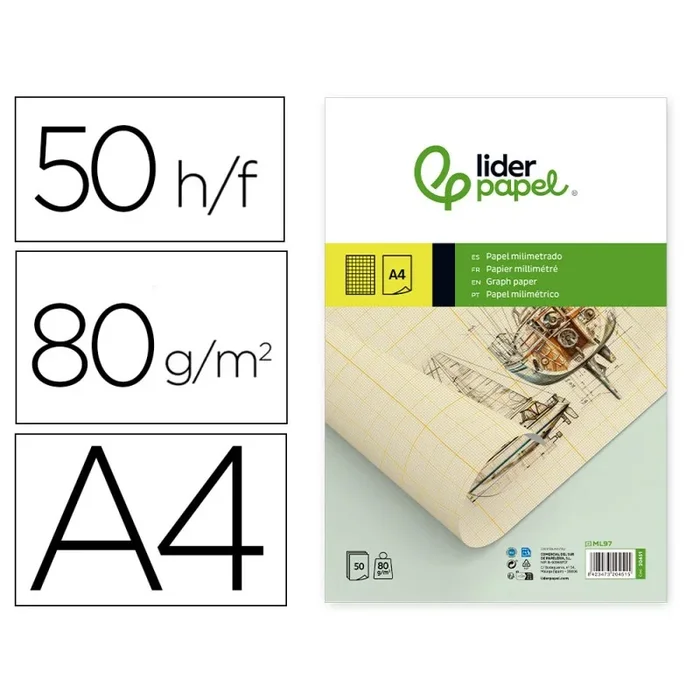 Bloc papel milimetrado liderpapel encolado 210×297 mm 50 hojas 80g/m2