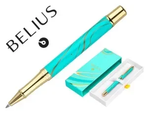 BOLIGRAFO BELIUS AQUA ALUMINIO DISEÑO TURQUESA Y DORADO TINTA AZUL CAJA DE DISEÑO