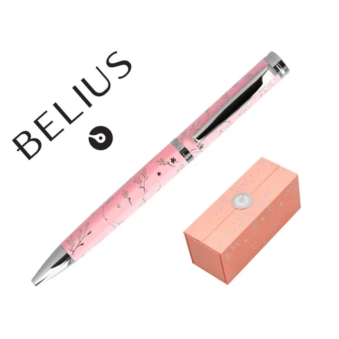 Boligrafo belius bella aluminio color rosa diseño plateado relieve tinta azul caja de diseño