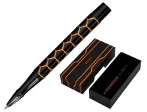 Boligrafo Belius legacy aluminio diseño hexagono naranja cuerpo negro tinta color azul BB360