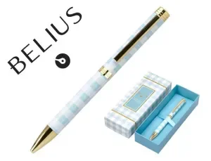 BOLIGRAFO BELIUS PICNIC ALUMINIO COLOR AZUL CELESTE DORADO TINTA AZUL CAJA DE DISEÑO
