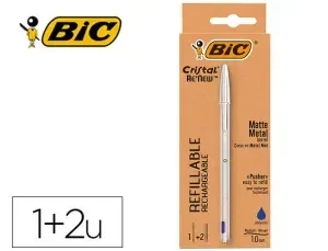 BOLIGRAFO BIC CRISTAL RENEW CUERPO METALICO TINTA AZUL PACK DE 1 UNIDAD + 2 RECAMBIOS