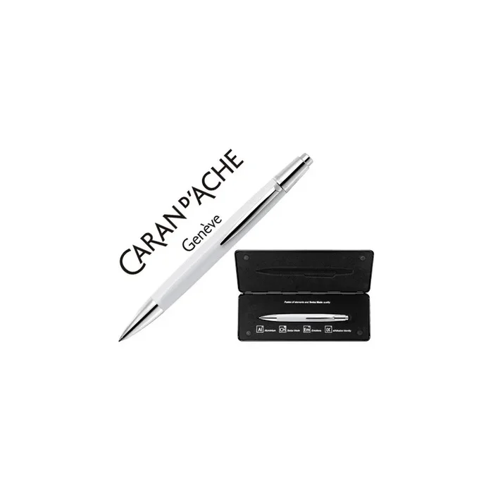 Boligrafo caran d’ache alchemix cuerpo laca blanca adornos cromados brillante con estuche punta media