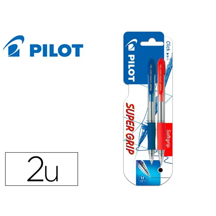 Boligrafo pilot super grip retractil sujecion de caucho tinta base de aceite en blister 1 azul + 1 rojo
