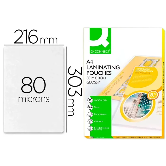 Bolsa de plastificar q-connect 303 x 216 mm 80 mc din a4 caja de 100 unidades