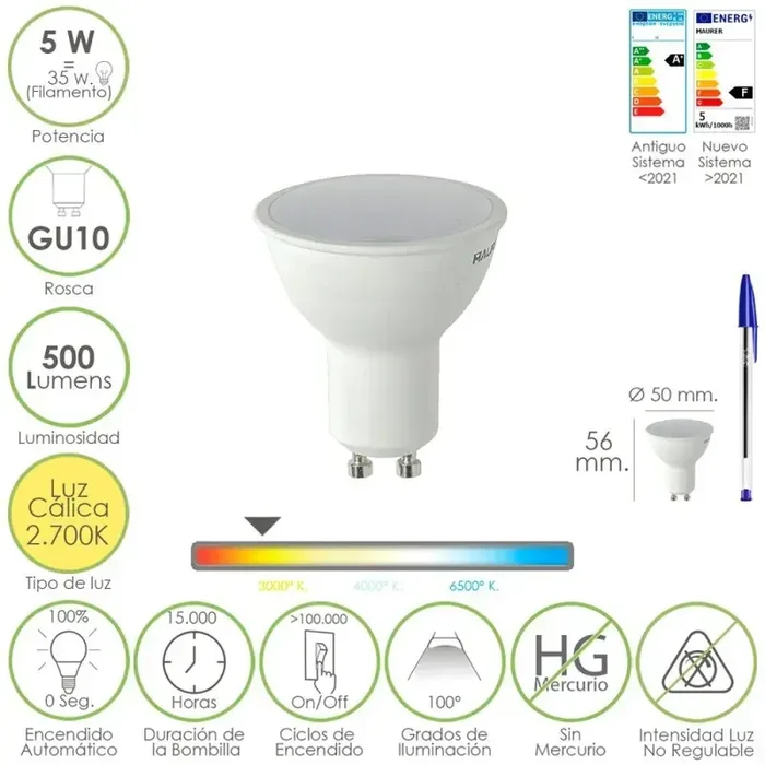 Bombilla Led Dicroica Rosca GU10. 5 Watt. Equivale A 30 Watt. 500 Lúmenes. Luz Cálida (2700º K)