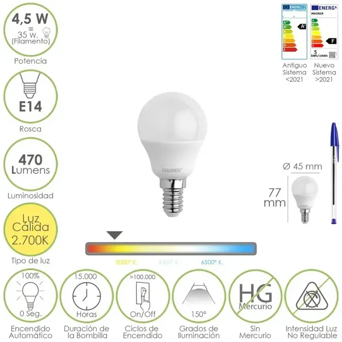 Bombilla Led Esférica Rosca E14 4.5 Watt. Equivale A 35 Watt. 470 Lúmenes. Luz Cálida (00º K)