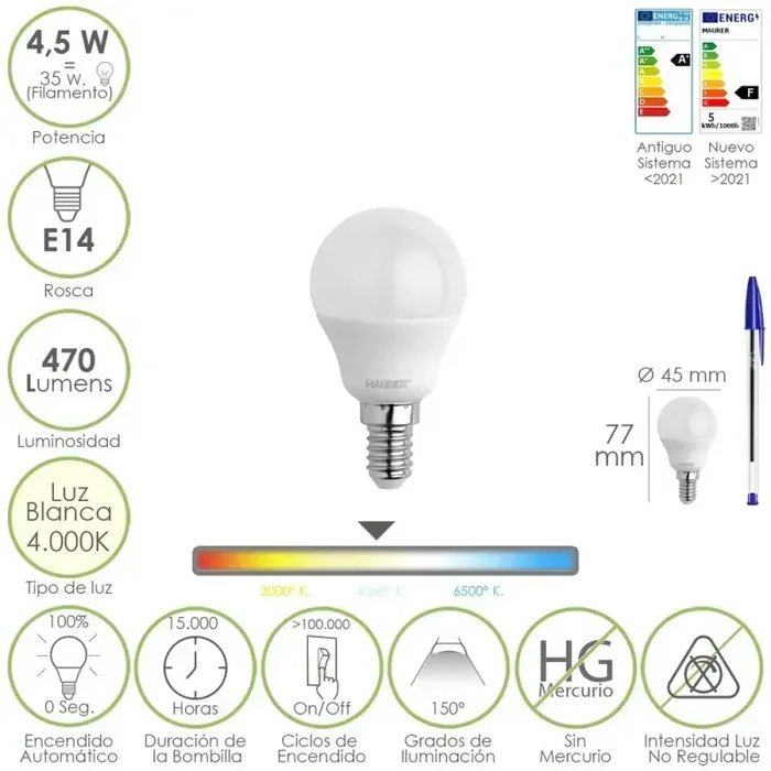 Bombilla Led Esférica Rosca E14 4.5 Watt. Equivale A 35 Watt. 470 Lúmenes. Luz Neutra (4000º K)
