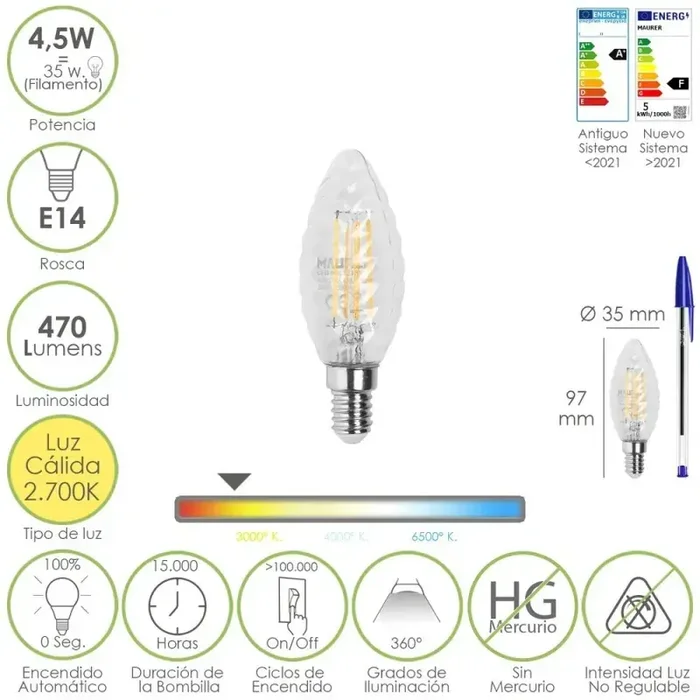 Bombilla Led Filamento Vela Twist. E14. 4,5 Watt. Equivale A 35 Watt. 470 Lúmenes. Luz Cálida 2700º K.