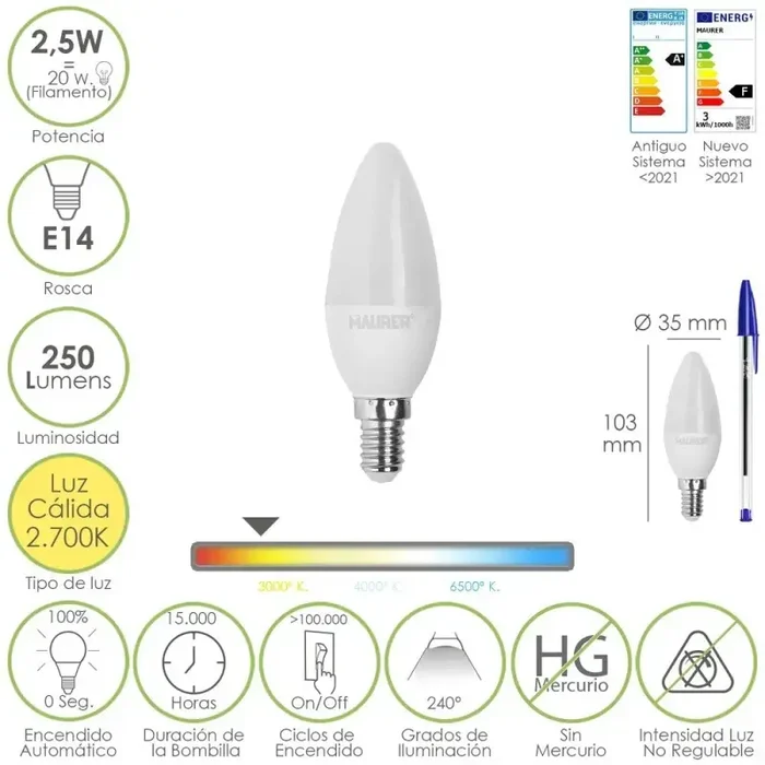 Bombilla Led Vela E14. 2,5 Watt. Equivale A 20 Watt. 250 Lúmenes. Luz Cálida 2700º K.
