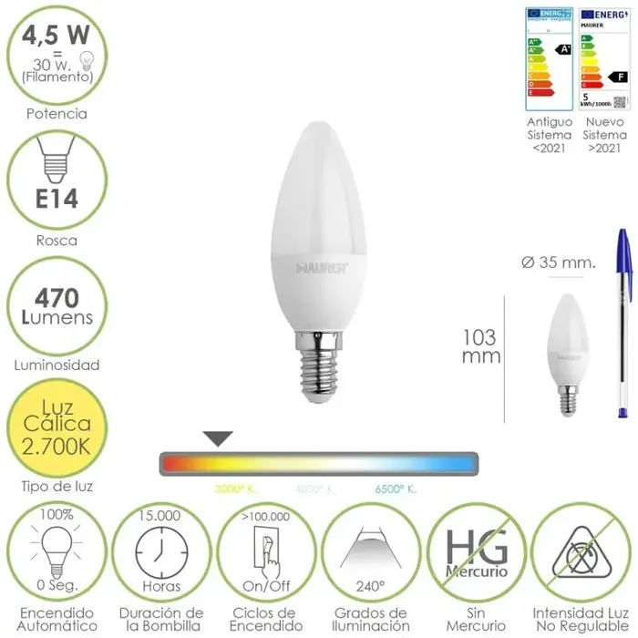 Bombilla Led Vela Rosca E14. 4,5 Watt. Equivale A 35 Watt. 470 Lúmenes. Luz Cálida (2700º K)