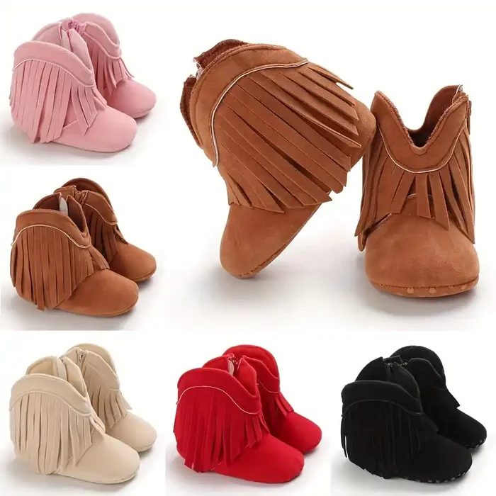 Botas con cremallera para niños pequeños con pompones – ¡Estilo geométrico, confort y moda!