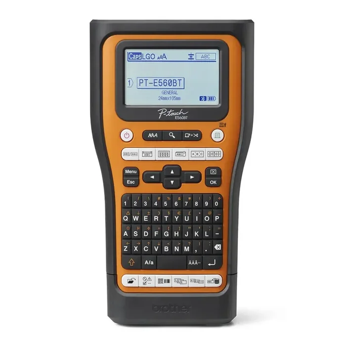 Brother PT-E560BTSP Rotuladora Electronica Bluetooth – Con Conexion a PC – Pantalla LCD – Ancho Max. de Cinta 18mm – Velocidad de Impresion 30 mm/s – Color Negro/Naranja