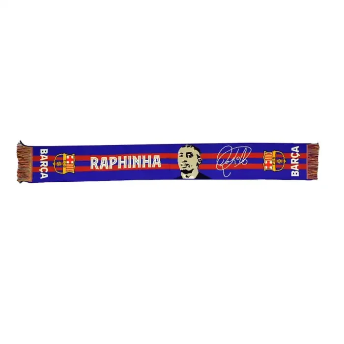 Bufanda Fútbol Club Barcelona con foto y firma de Raphinha tamaño 150x20cm aprox producto oficial