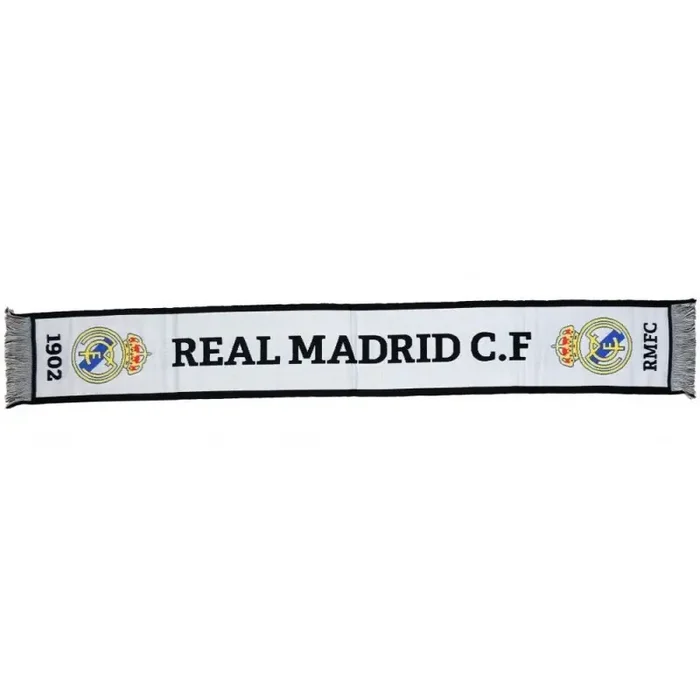 Bufanda Real Madrid 140×20 centimetros producto oficial fondo blando letras negras escudos laterales 1902
