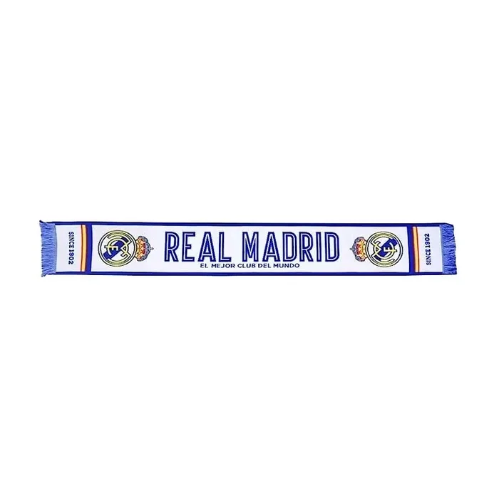 Bufanda Real Madrid fondo blanco leyenda EL MEJOR CLUB DEL MUNDO tamaño 140x20cm fondo blanco