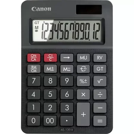 Canon AS-120 II Calculadora de Sobremesa con Pantalla LCD de 12 Digitos – Funciones de Marcacion, Inversion y Memoria de Gran Total – Alimentacion Solar y Pilas – Color Negro