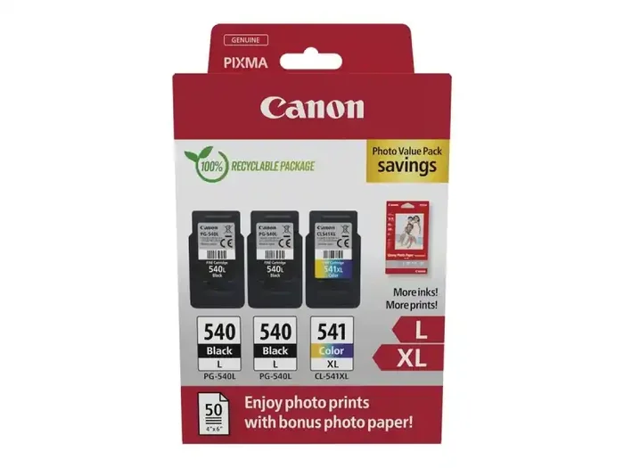 Canon PG-540L / CL-541XL Multipack de 3 Cartuchos de Tinta Originales + 50 Hojas de Papel Fotografico – 5224B015