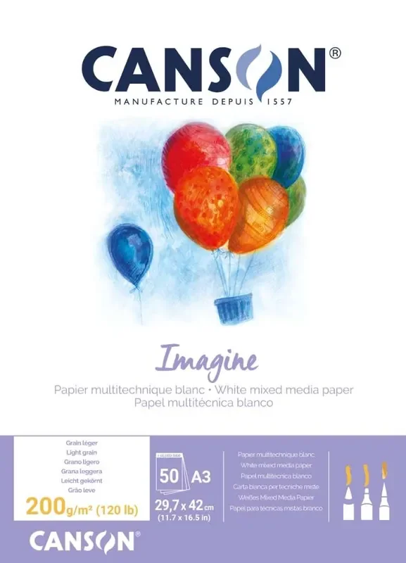 Canson Imagine Bloc Encolado de 50 Hojas A3 – Grano Fino – 29.7x42cm – 200g – Color Blanco