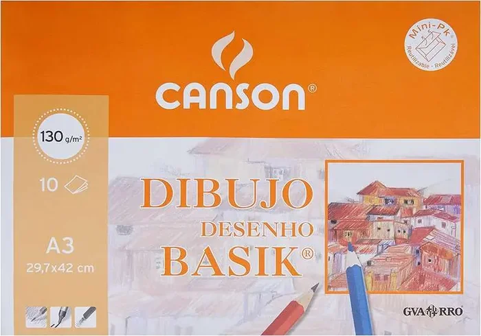 Canson Minipack de 10 Hojas de Dibujo Basik Liso A3 – 29,7x42cm – 130g – Color Blanco
