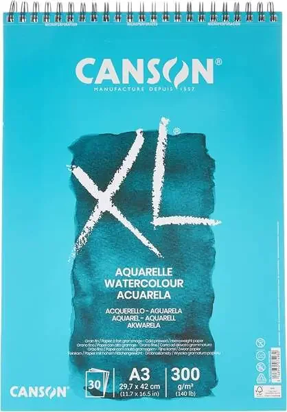Canson XL Aquarelle Album Espiral Microperforado de 30 Hojas A3 – Grano Fino – 29.7x42cm – 300g – Color Blanco