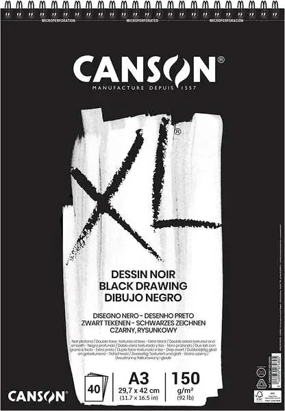 Canson XL Black Bloc de 40 Hojas A3 – Grano Fino – Espiral Microperforado – 29.7x42cm – 150g – Color Negro