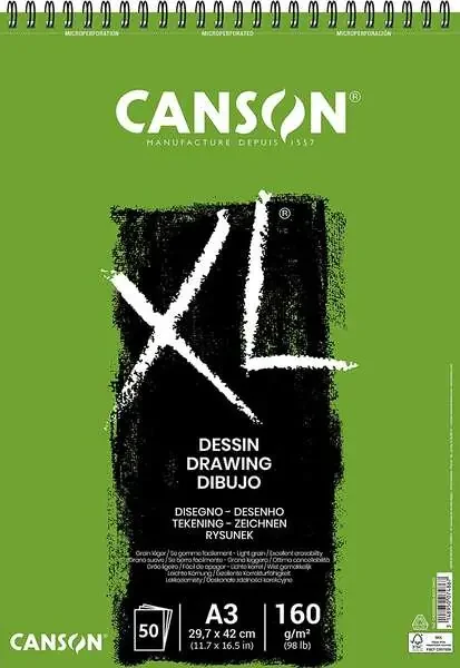 Canson XL Dessin Ligero Bloc de Dibujo con 50 Hojas A3 – Espiral Microperforado – 29.7x42cm – 160g – Color Blanco