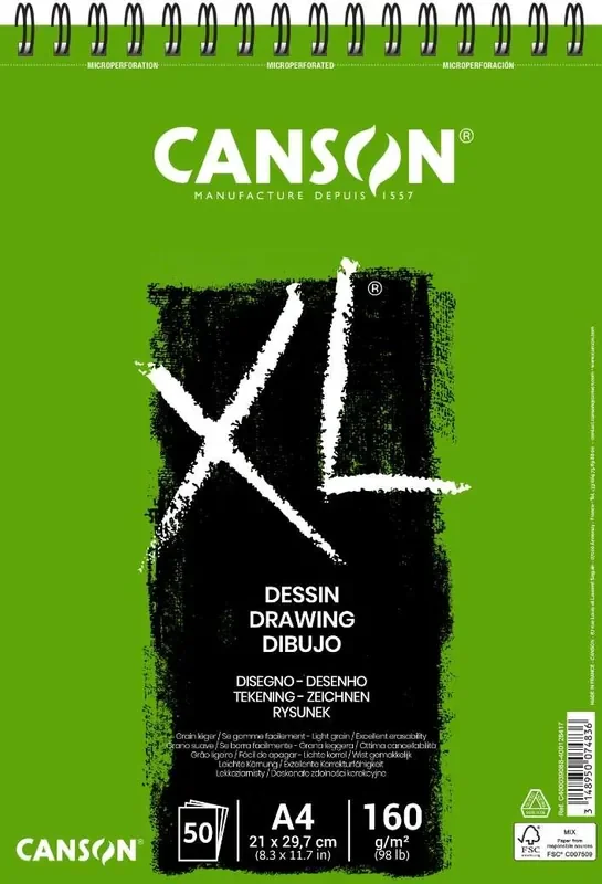 Canson XL Dessin Ligero Bloc de Dibujo con 50 Hojas A4 – Espiral Microperforado – 21×29.7cm – 160g – Color Blanco