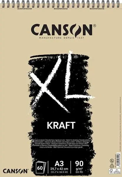 Canson XL Kraft Rayado Bloc de Dibujo con 60 Hojas A3 – Espiral Microperforado – 29.7x42cm – 90g – Color Beige