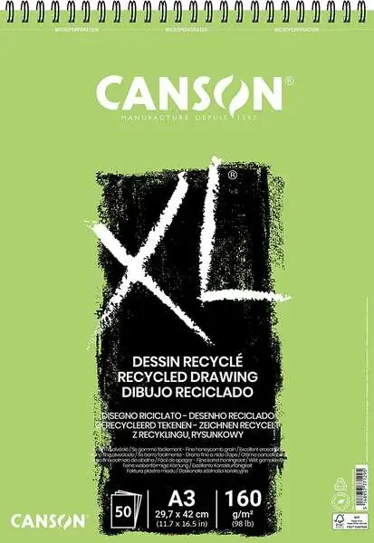 Canson XL Recycled Bloc de Dibujo con 50 Hojas A3 – Espiral Microperforado – Grano Fino – 160g – Color Blanco
