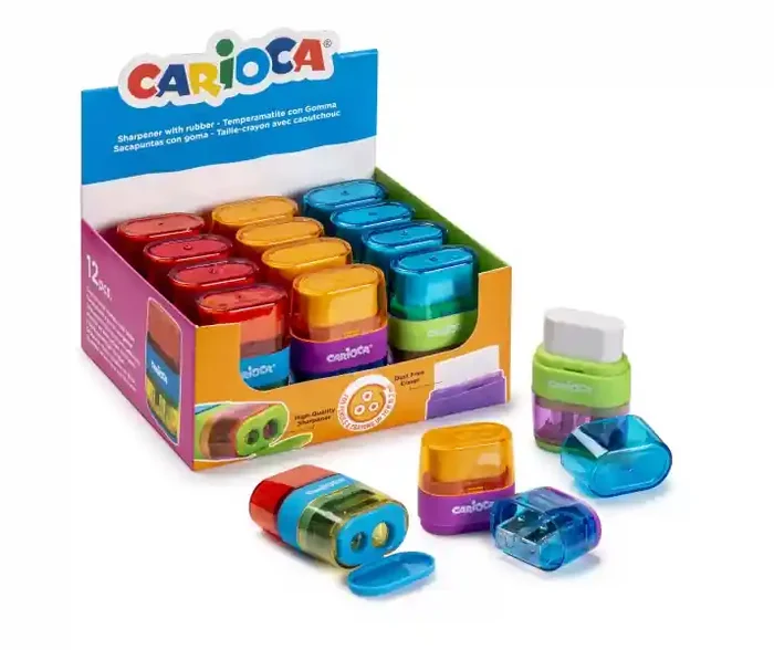 Carioca Afila-Borra Expositor de 12 Sacapuntas con Goma – Doble Agujero – Apto para Lapices y Ceras – Tornillo de Seguridad – Deposito para Virutas – Color Varios
