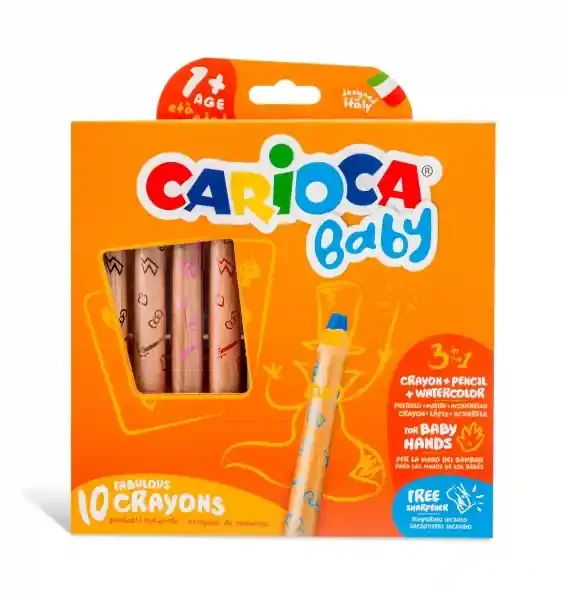 Carioca Baby 1+ 3In1 Pack de 10 Lapices – Lapiz, Cera y Acuarela en Uno – Cuerpo Extragrande Facil de Agarrar – Acuarelables con Agua y Pincel – Color Varios