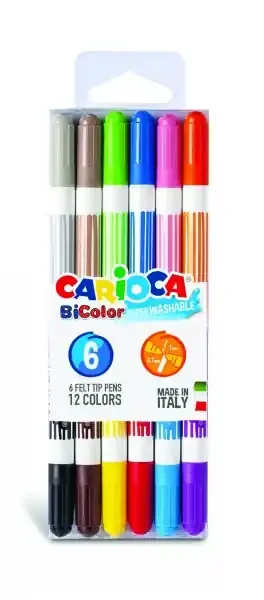 Carioca Bicolor Pack de 6 Rotuladores – Dos Colores por Rotulador – Tinta Superlavable – Punta Conica para Doble Trato de Escritura – Color Varios
